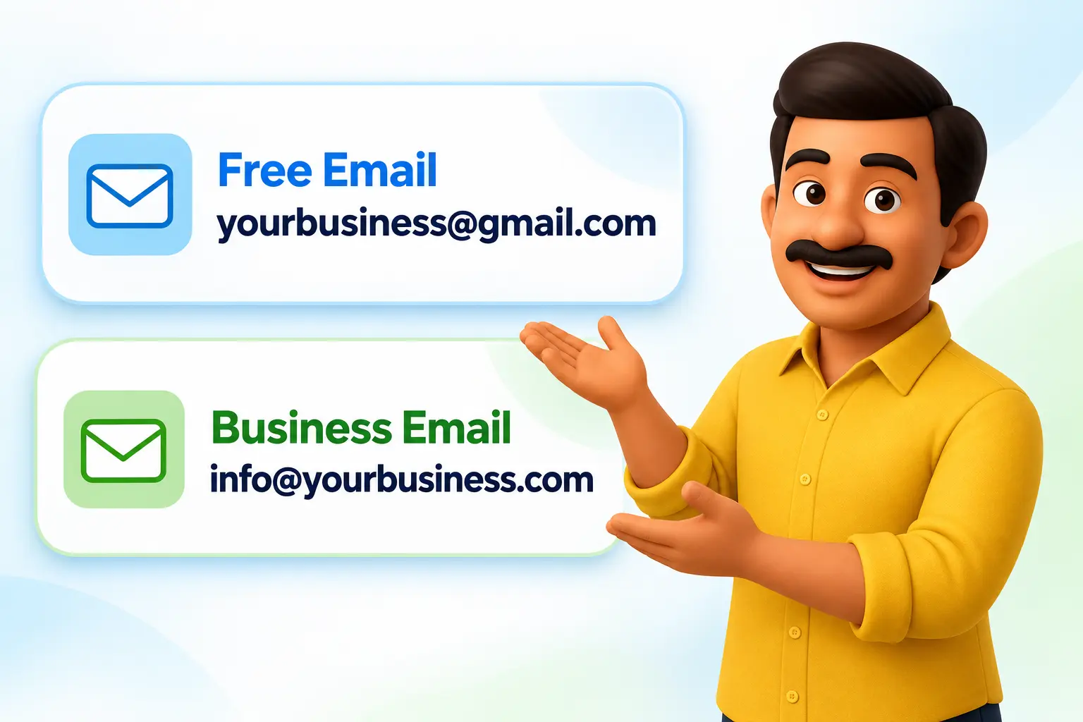 business-email-vs-free-email-host-it BizBuddy Sid comparing free email and business email addresses